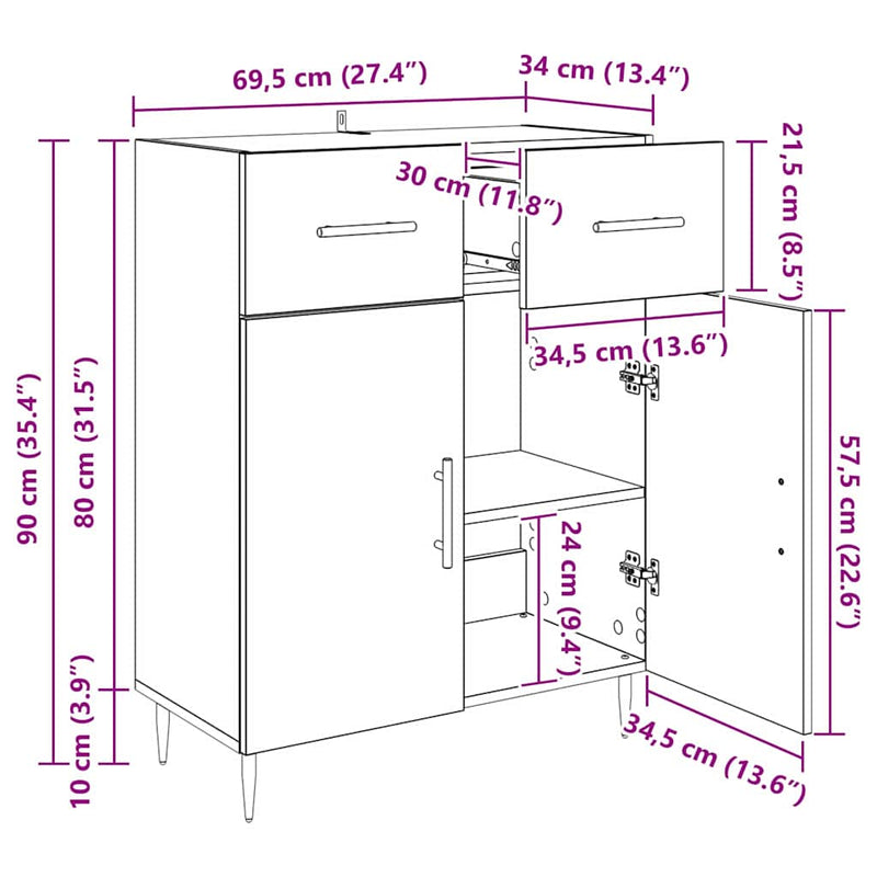 vidaXL Széf fiókkal Fekete tölgy 69,5 x 34 x 90 cm Faanyag