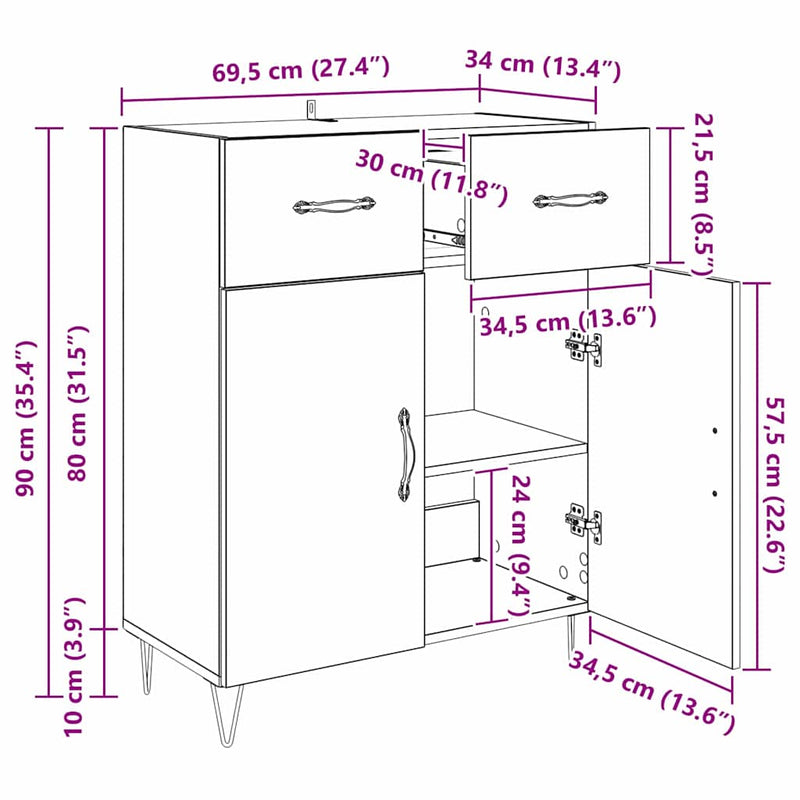 vidaXL Széf fiókkal Fekete tölgy 69,5 x 34 x 90 cm Faanyag