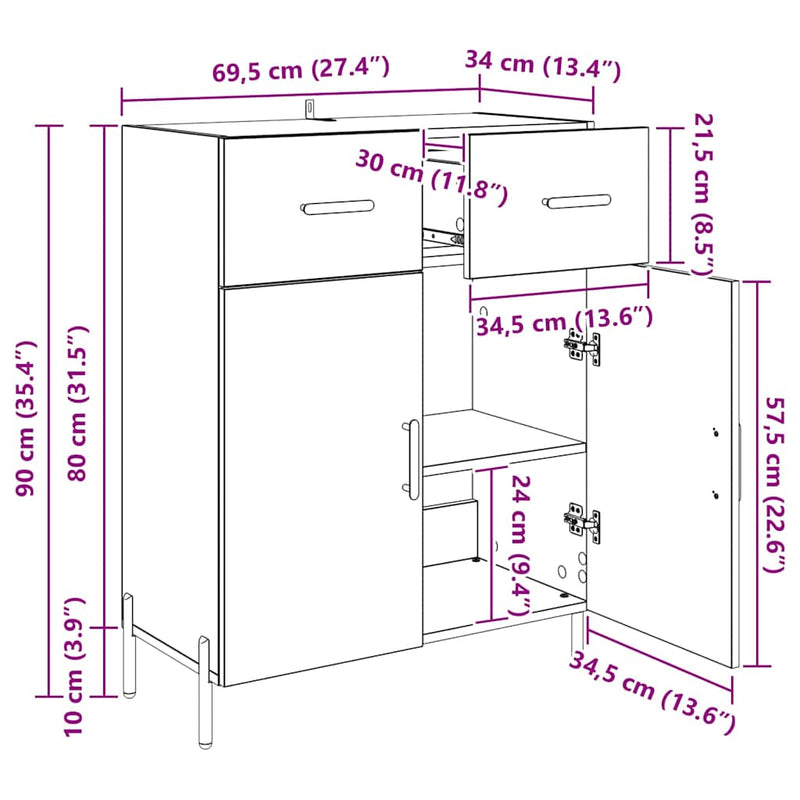 vidaXL Széf fiókkal Fekete tölgy 69,5 x 34 x 90 cm Faanyag