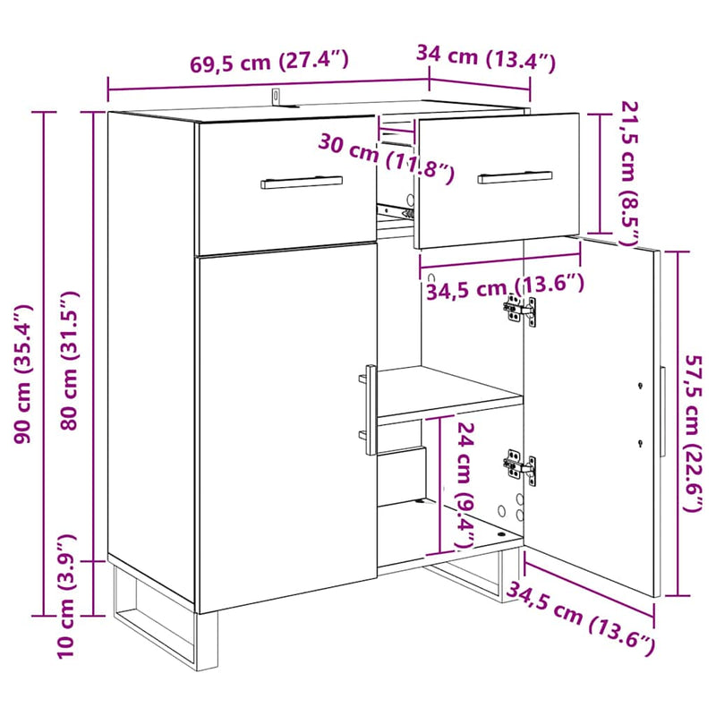 vidaXL Széf fiókkal Fekete tölgy 69,5 x 34 x 90 cm Faanyag