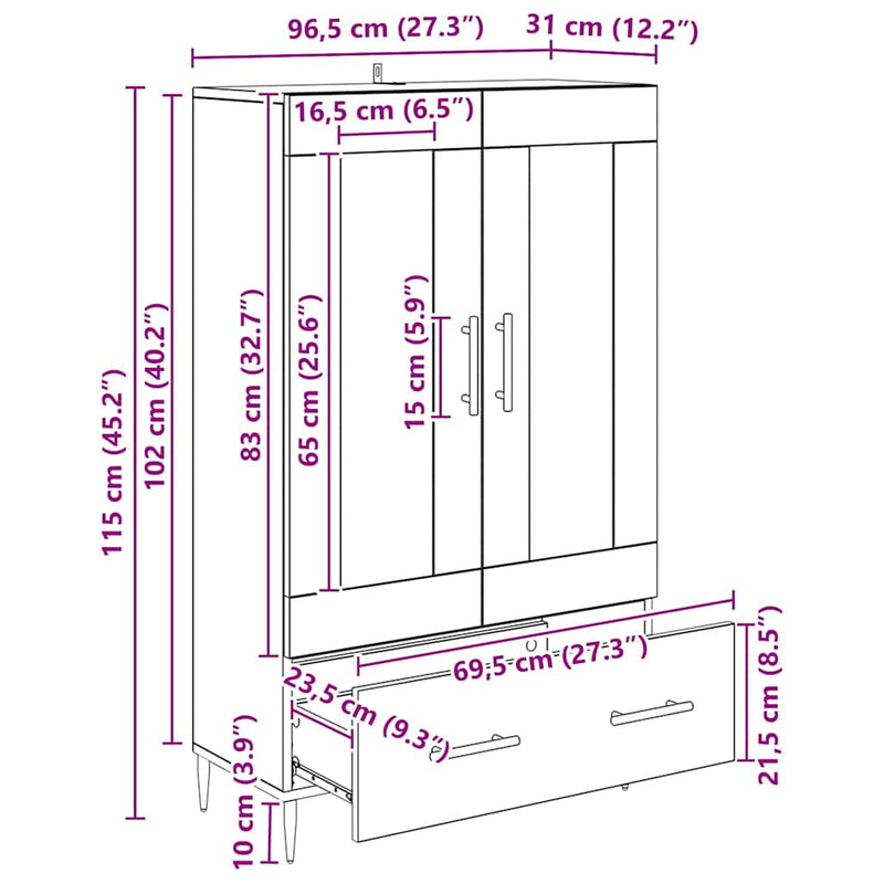 vidaXL Magasfiú Artisan tölgy 69,5 x 31 x 115 cm Műanyag Fa és Üveg