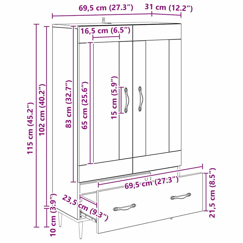 vidaXL Magasfiú fiókkal Öreg fa 69,5 x 31 x 115 cm Faanyag