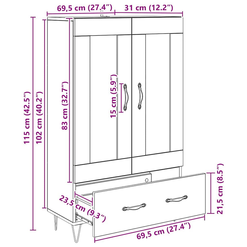 vidaXL Magasfiú fiókkal Fekete tölgy 69,5 x 31 x 115 cm Faanyag