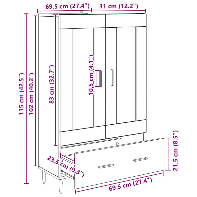 vidaXL Magasfiú fiókkal Fekete tölgy 69,5 x 31 x 115 cm Faanyag