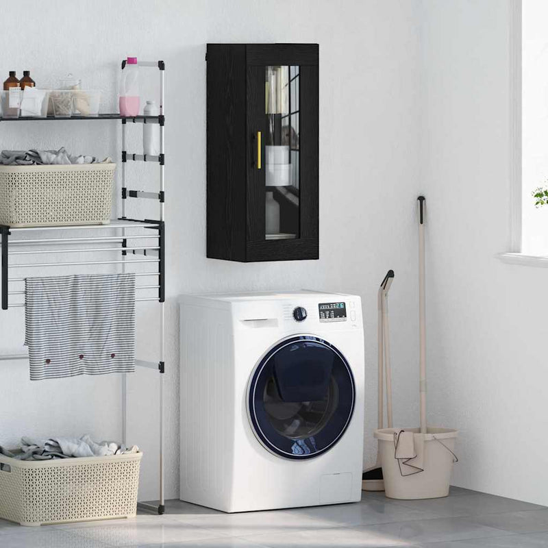 vidaXL Fali szekrény Fekete tölgy 34,5 x 34 x 90 cm Műanyag Fa és Üveg