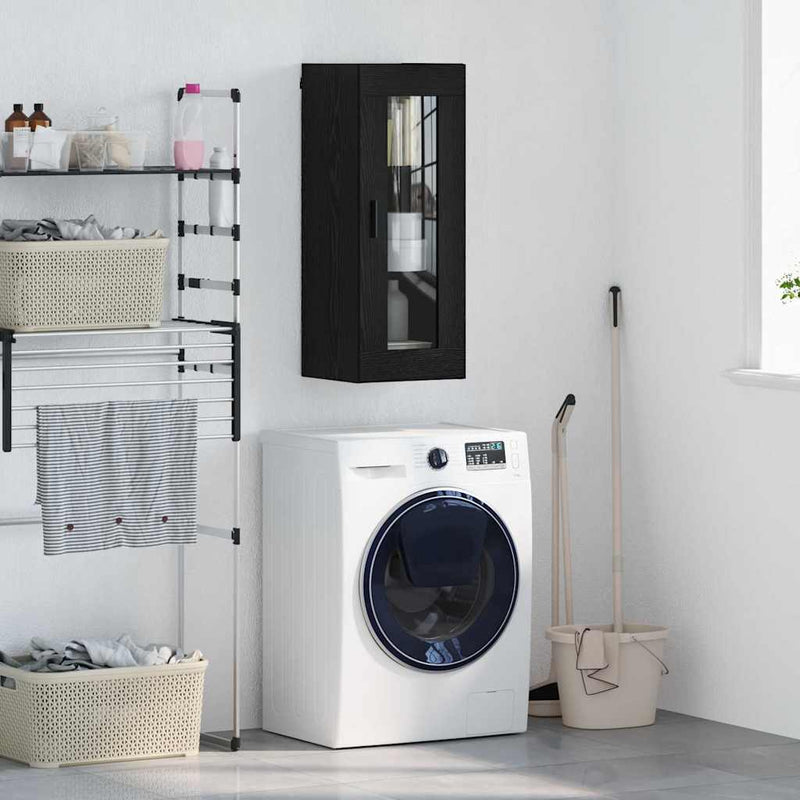 vidaXL Fali szekrény Fekete tölgy 34,5 x 34 x 90 cm Műanyag Fa és Üveg