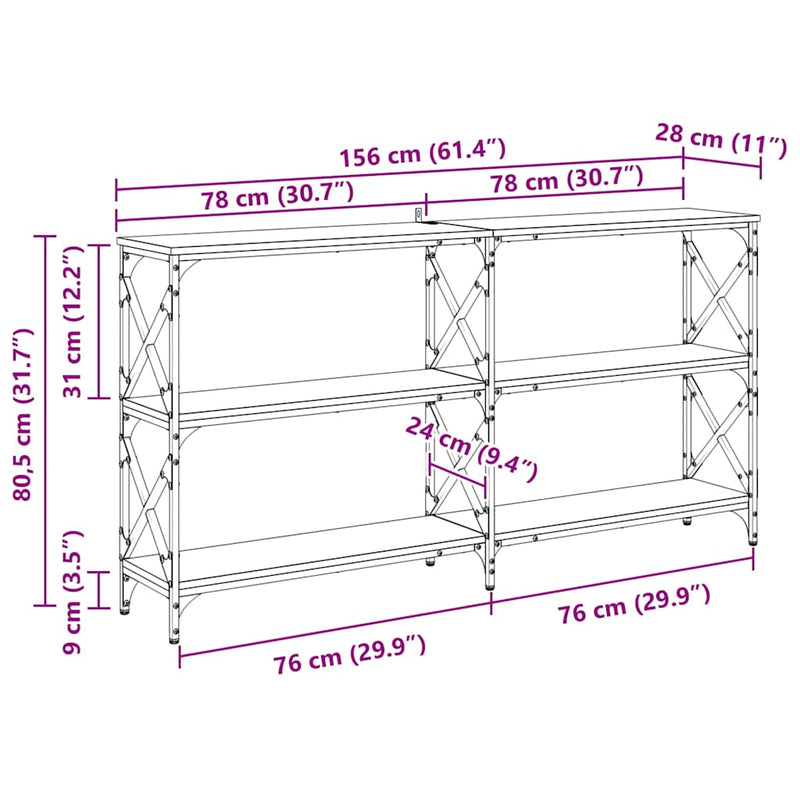 vidaXL Konzolasztal Fekete tölgy 156 x 28 x 80,5 cm Faanyag
