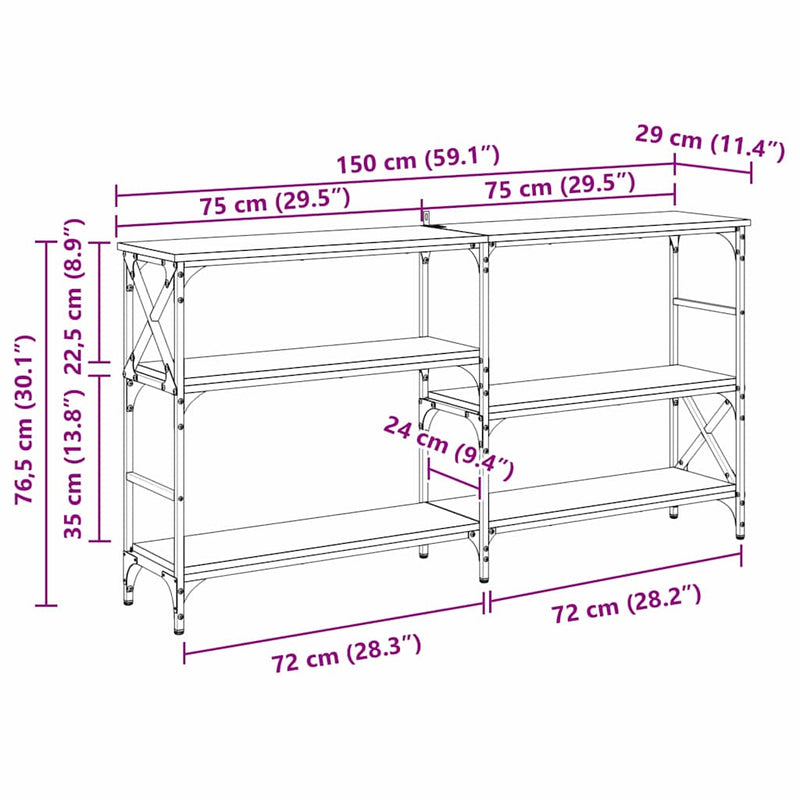 vidaXL Konzolasztal polcokkal Artisan tölgy 150 x 29 x 76,5 cm Faanyag
