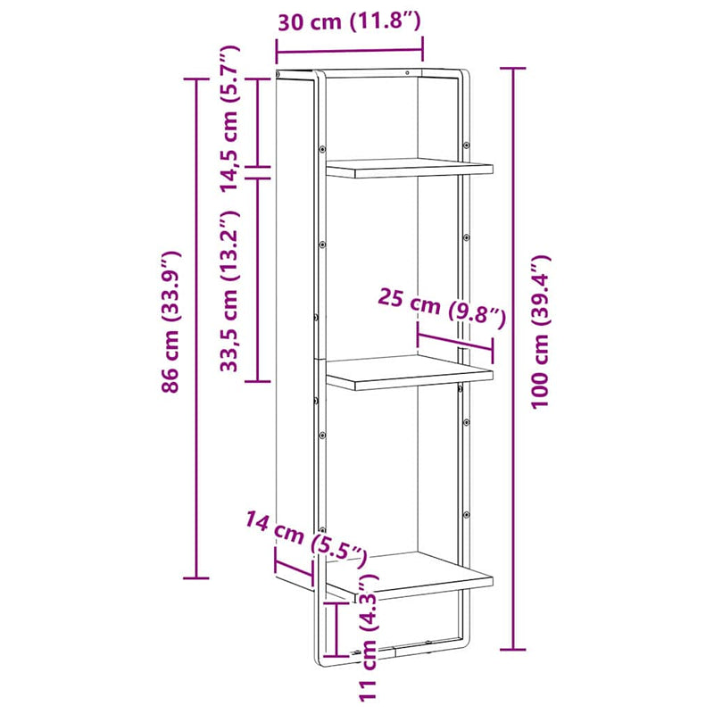 vidaXL Falpolc polcokkal tárolóval Öreg fa 30 x 25 x 100 cm Faanyag
