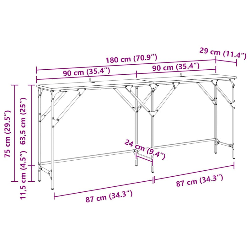 vidaXL Konzolasztal Musta tammi 180 x 29 x 75 cm Faanyag