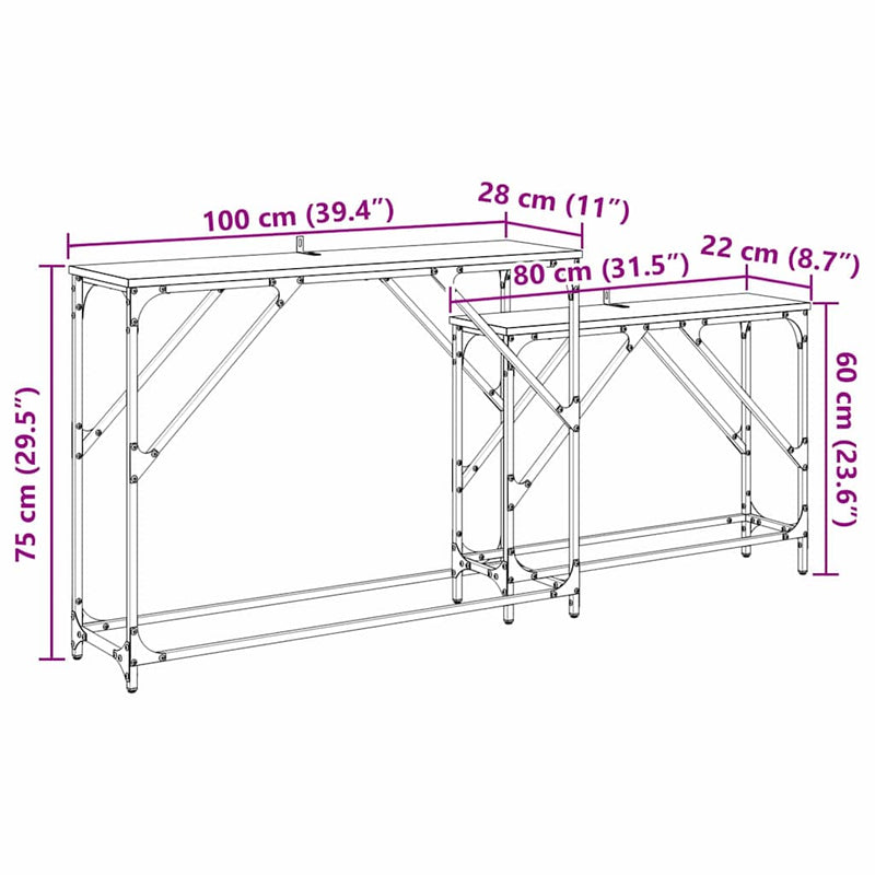 vidaXL Konzolasztal 2 pcs Öreg fa 100 x 28 x 75 cm Faanyag