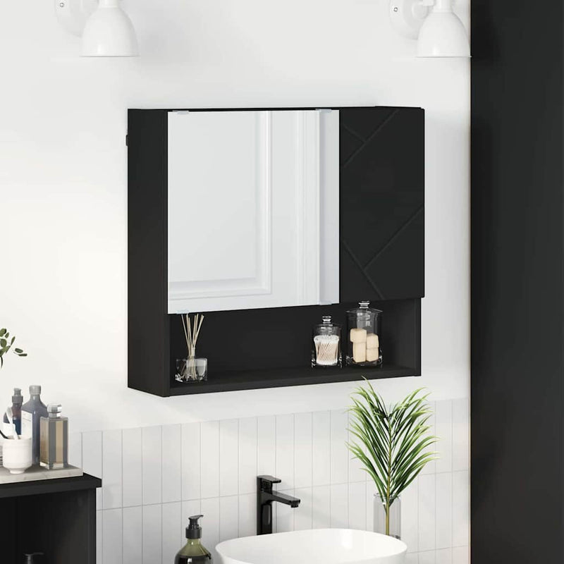 vidaXL Tükörszekrény polcokkal ajtóval Fekete 59 x 17 x 55 cm Faanyag