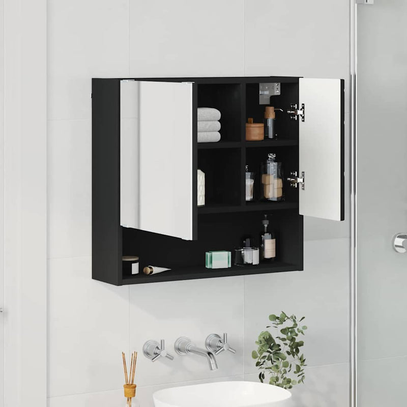 vidaXL Tükörszekrény polcokkal ajtóval Fekete 59 x 17 x 55 cm Faanyag