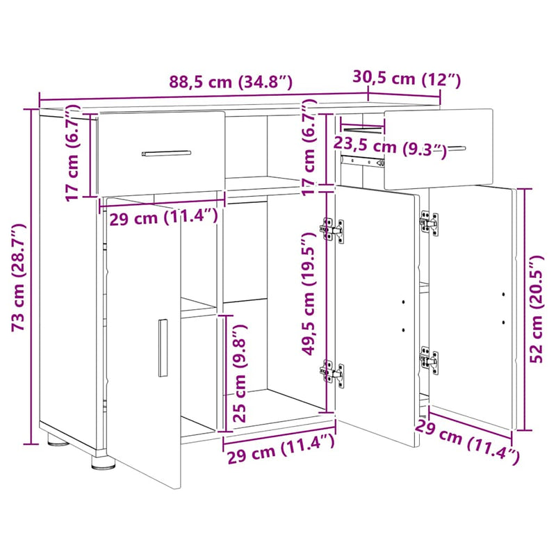 vidaXL Széf fiókkal ajtóval Szürke sonoma 88.5 x 30.5 x 73 cm Faanyag
