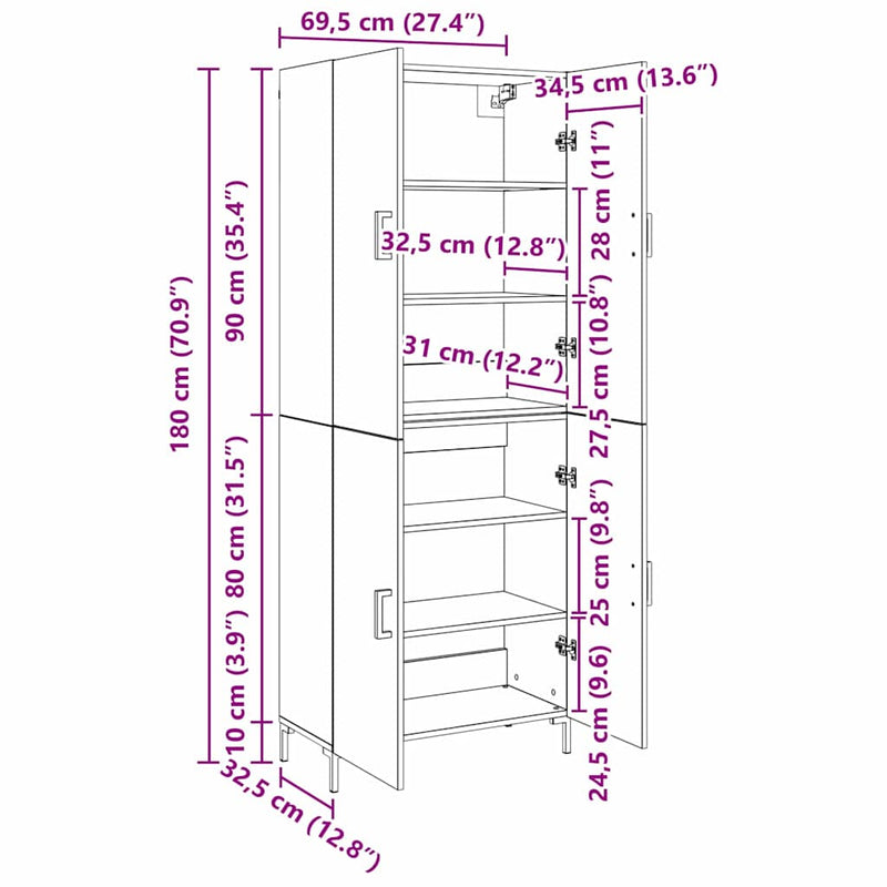 vidaXL Magasfiú kézműves tölgy 69.5 x 34 x 180 cm Faanyag