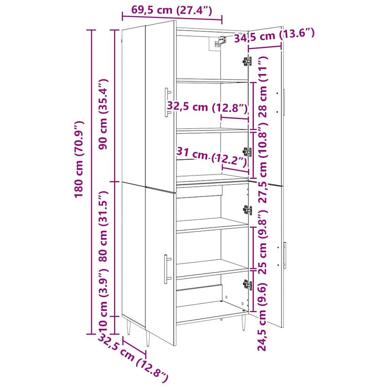 vidaXL Magasfiú Falra szerelhető Régi fa 69,5 x 34 x 180 cm Faanyag