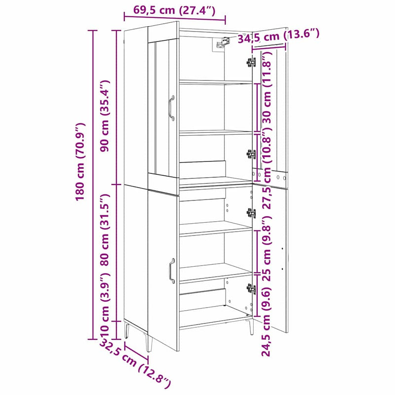 vidaXL Magasfiú 2 pcs kézműves tölgy 69.5 x 34 x 180 cm Faanyag