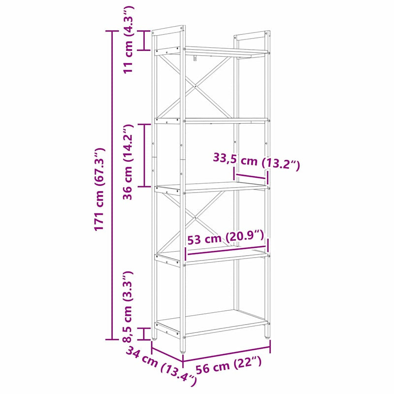 vidaXL Könyvespolc Szürke Sonoma 56 x 34 x 171 cm Faanyag