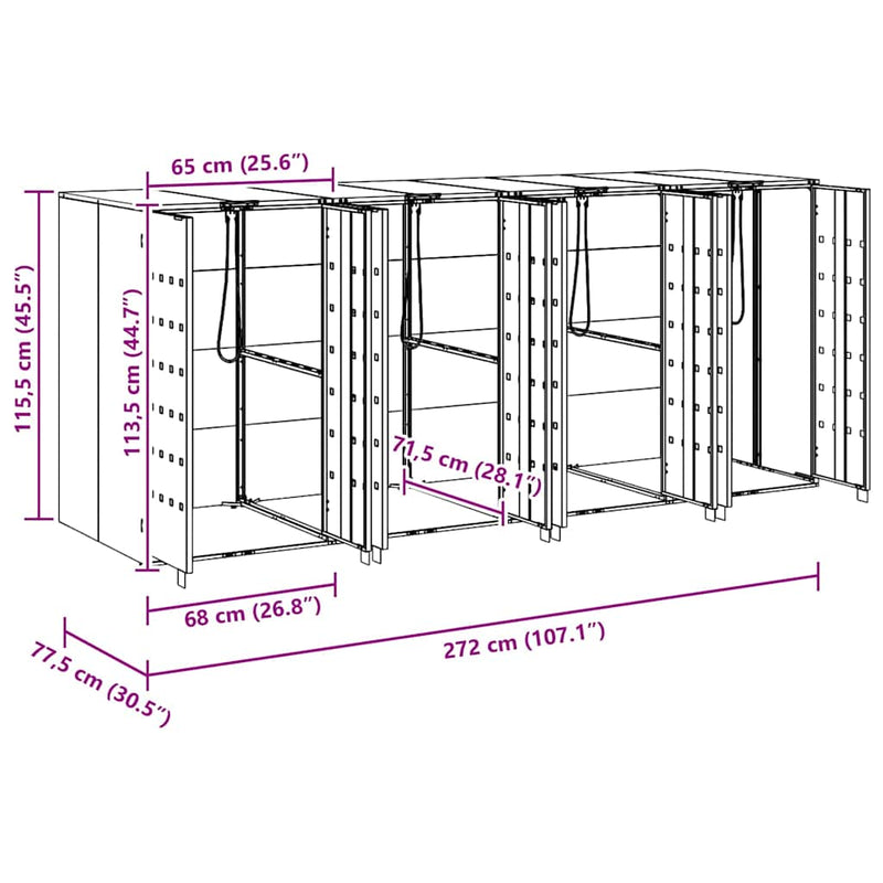 vidaXL Gurulós kuka tároló 3 kukához Ezüst 340 x 77.5 x 115.5 cm