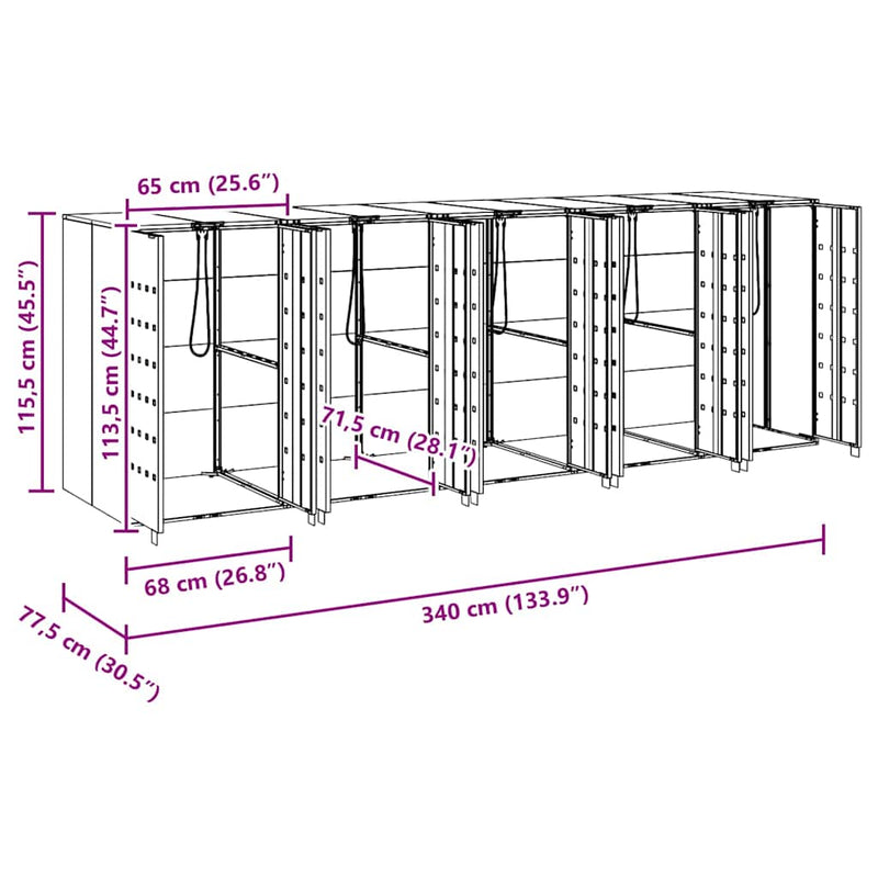 vidaXL Gurulós kuka tároló 3 kukához Ezüst 340 x 77.5 x 115.5 cm