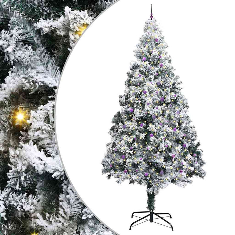 vidaXL Műfenyő LED világítással és lila gömbökkel Zöld 400 cm PVC
