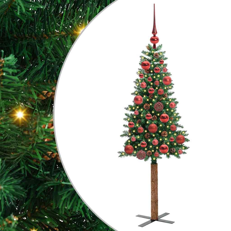 vidaXL Karcsú karácsonyfa 150 LED-del Zöld 150 cm PVC és tömör fenyőfa