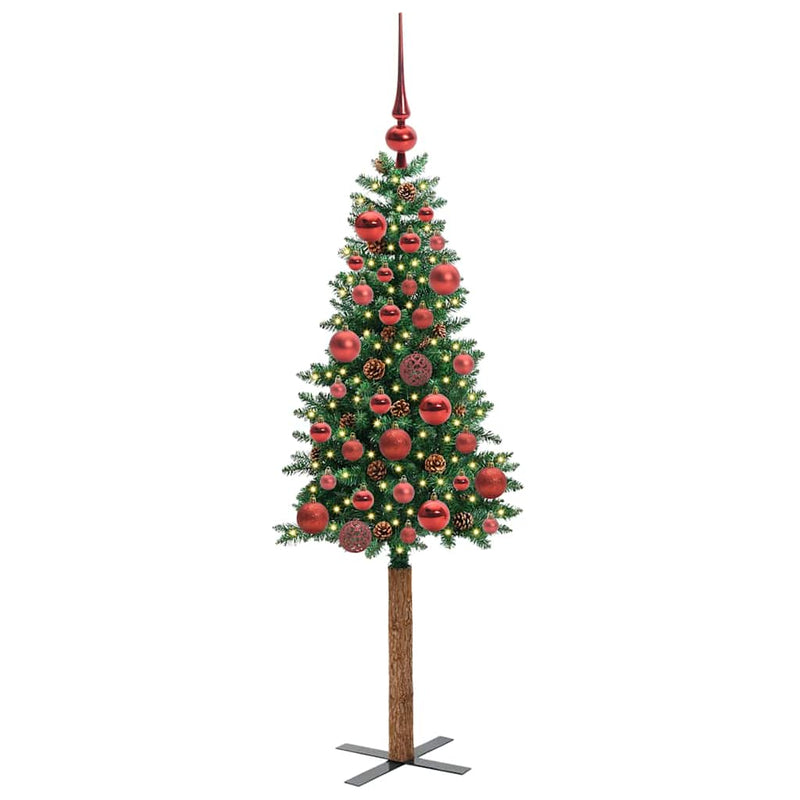 vidaXL Karcsú karácsonyfa 150 LED-del Zöld 150 cm PVC és tömör fenyőfa