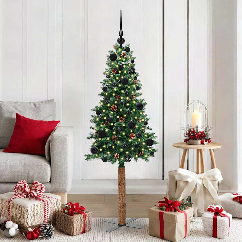 vidaXL Karcsú karácsonyfa 150 LED-del Zöld 150 cm PVC és tömör fenyőfa
