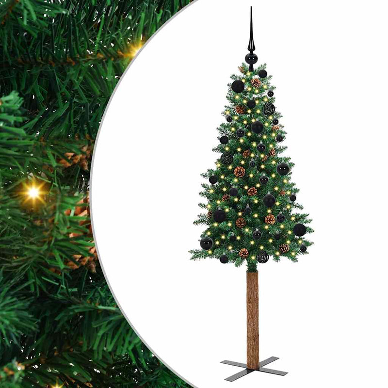 vidaXL Karcsú karácsonyfa 150 LED-del Zöld 150 cm PVC és tömör fenyőfa