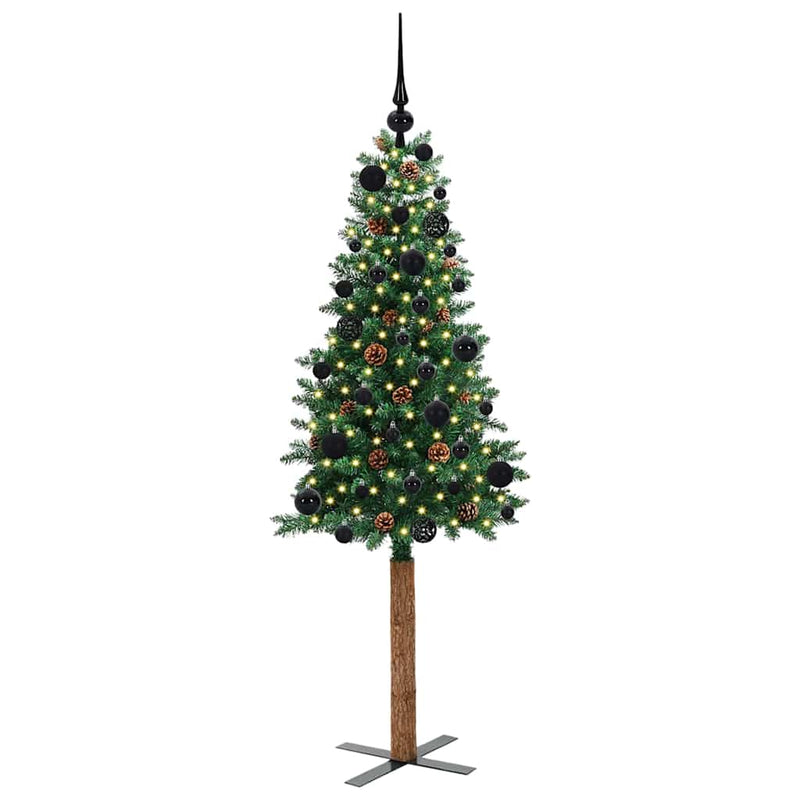 vidaXL Karcsú karácsonyfa 150 LED-del Zöld 150 cm PVC és tömör fenyőfa