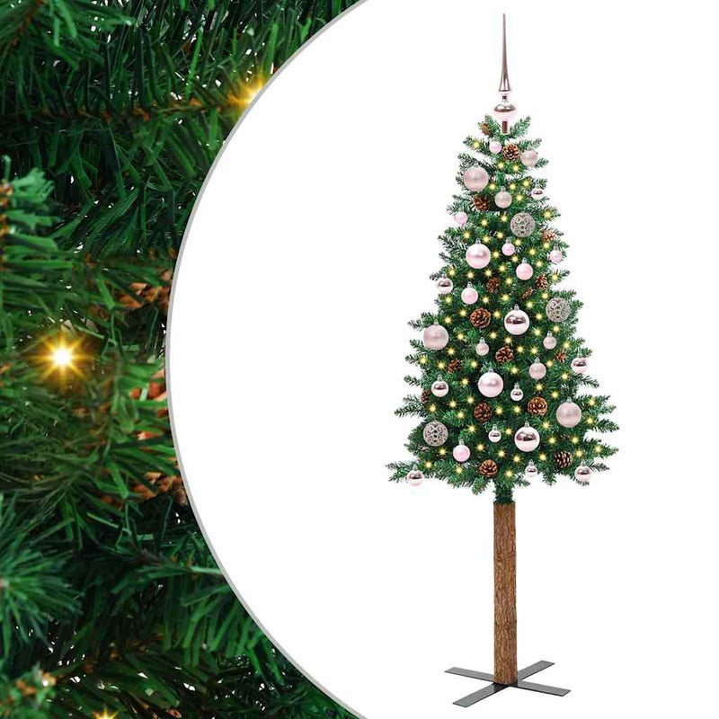 vidaXL Karcsú karácsonyfa 150 LED-del Zöld 150 cm PVC és tömör fenyőfa
