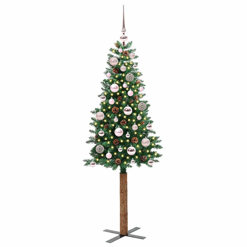 vidaXL Karcsú karácsonyfa 150 LED-del Zöld 150 cm PVC és tömör fenyőfa