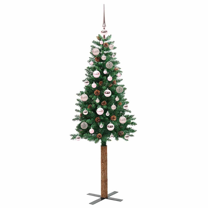 vidaXL Karcsú karácsonyfa 150 LED-del Zöld 150 cm PVC és tömör fenyőfa