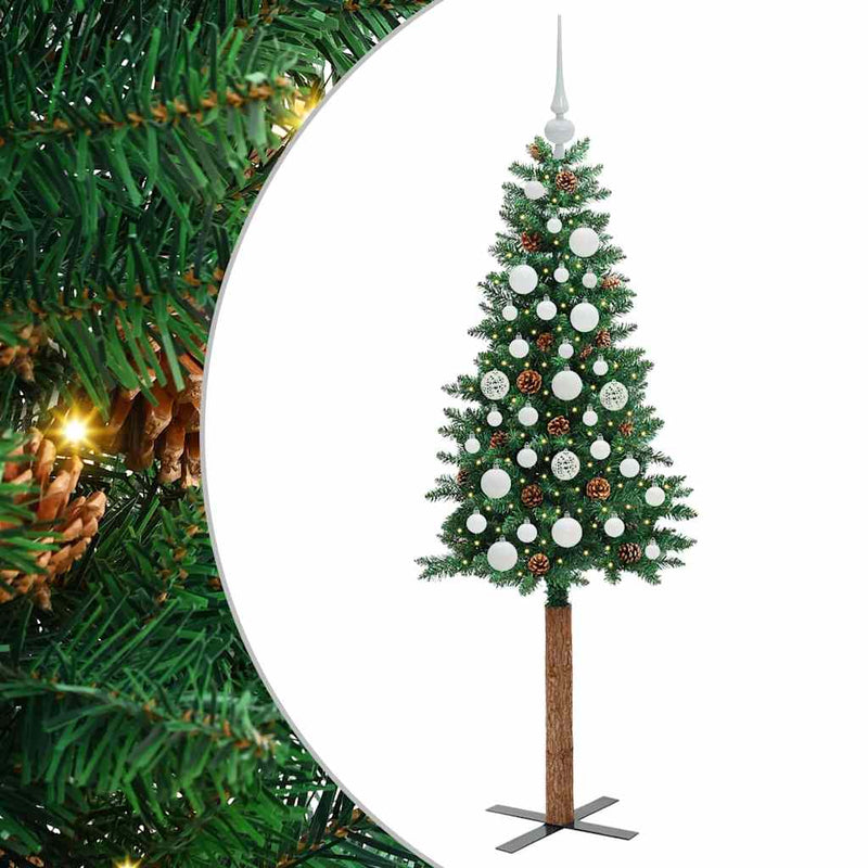 vidaXL Karcsú karácsonyfa 150 LED-del Zöld 150 cm PVC és tömör fenyőfa