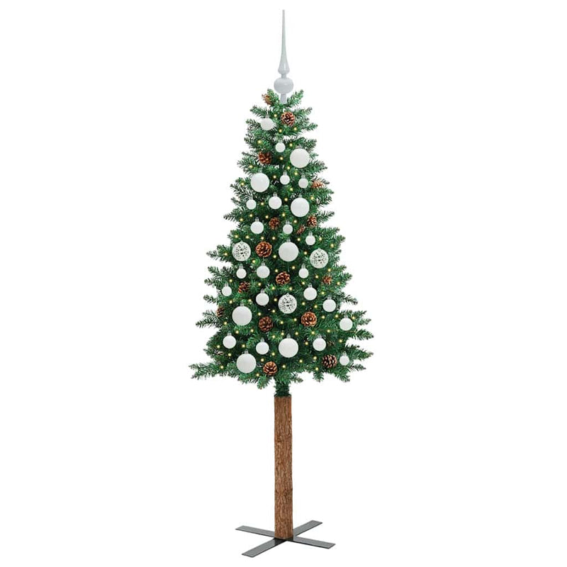 vidaXL Karcsú karácsonyfa 150 LED-del Zöld 150 cm PVC és tömör fenyőfa