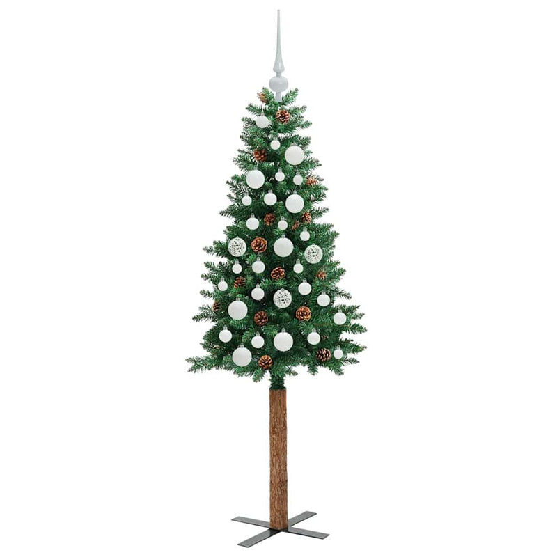 vidaXL Karcsú karácsonyfa 150 LED-del Zöld 150 cm PVC és tömör fenyőfa