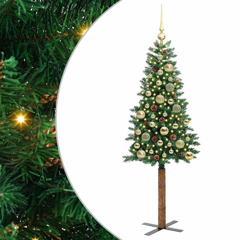 vidaXL Karcsú karácsonyfa 150 LED-del Zöld 150 cm PVC és tömör fenyőfa