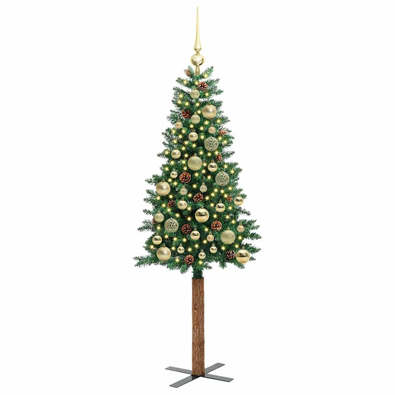 vidaXL Karcsú karácsonyfa 150 LED-del Zöld 150 cm PVC és tömör fenyőfa