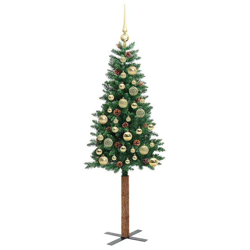 vidaXL Karcsú karácsonyfa 150 LED-del Zöld 150 cm PVC és tömör fenyőfa
