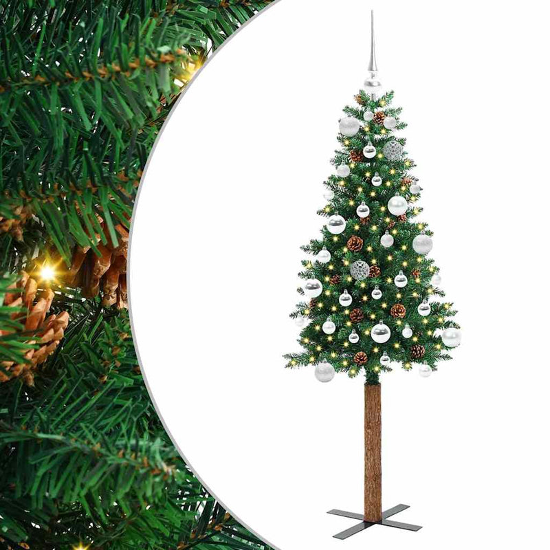 vidaXL Karcsú karácsonyfa 150 LED-del Zöld 150 cm PVC és tömör fenyőfa