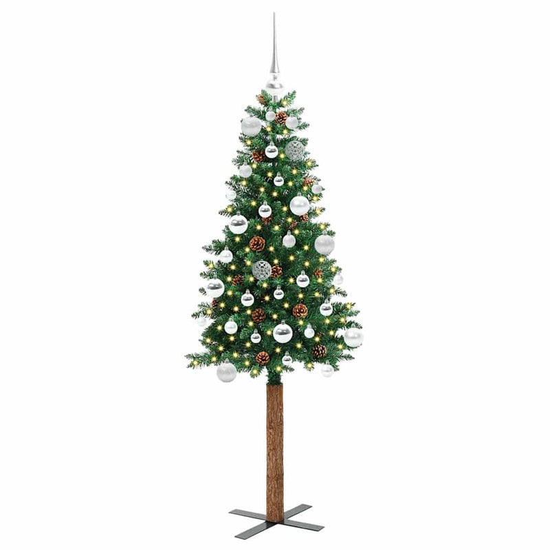 vidaXL Karcsú karácsonyfa 150 LED-del Zöld 150 cm PVC és tömör fenyőfa
