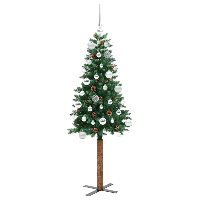 vidaXL Karcsú karácsonyfa 150 LED-del Zöld 150 cm PVC és tömör fenyőfa