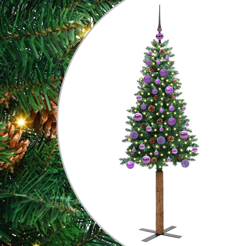 vidaXL Karcsú karácsonyfa 150 LED-del Zöld 150 cm PVC és tömör fenyőfa