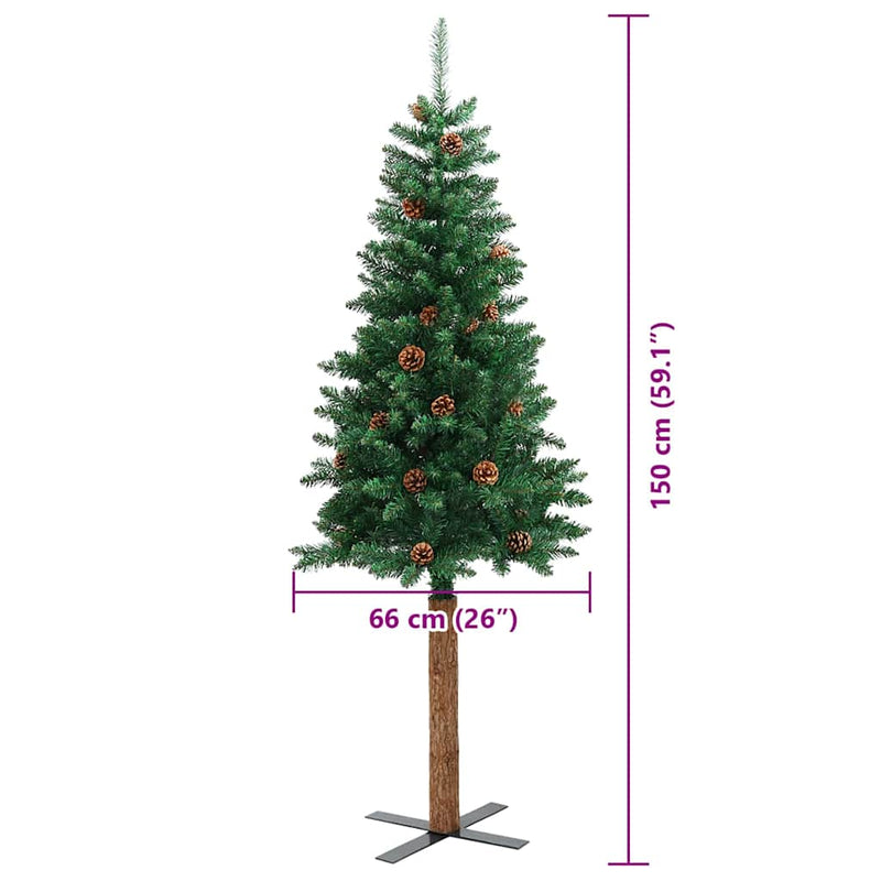 vidaXL Karcsú karácsonyfa 150 LED-del Zöld 150 cm PVC és tömör fenyőfa