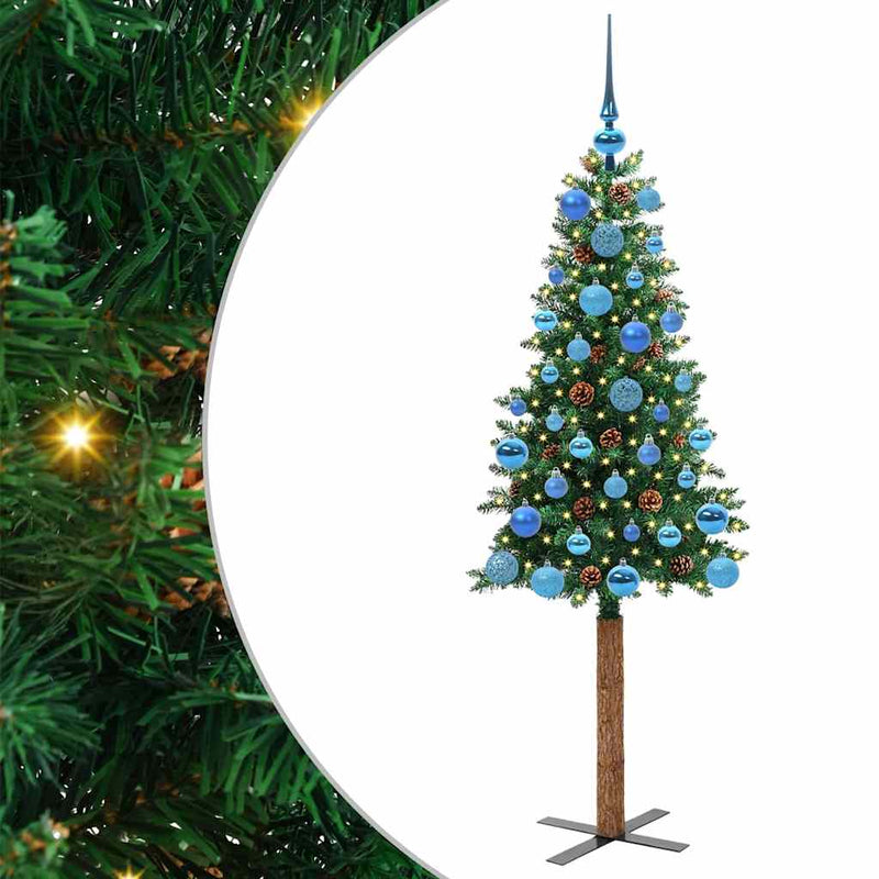 vidaXL Karcsú karácsonyfa 150 LED-del Zöld 150 cm PVC és tömör fenyőfa