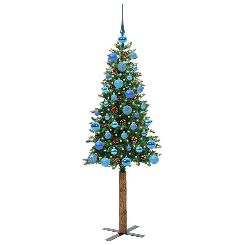 vidaXL Karcsú karácsonyfa 150 LED-del Zöld 150 cm PVC és tömör fenyőfa