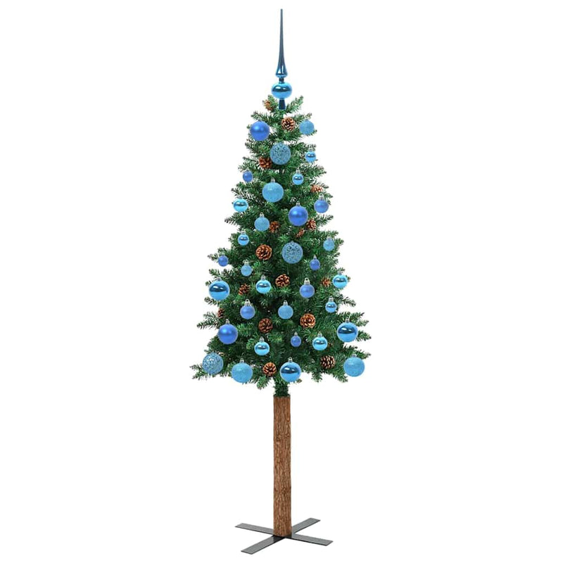 vidaXL Karcsú karácsonyfa 150 LED-del Zöld 150 cm PVC és tömör fenyőfa