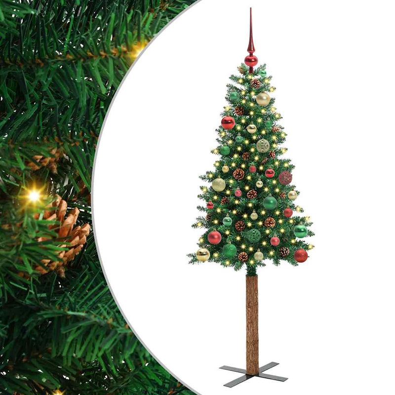 vidaXL Karcsú karácsonyfa 150 LED-del Zöld 150 cm PVC és tömör fenyőfa