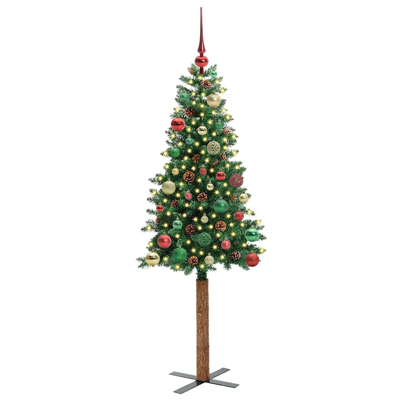 vidaXL Karcsú karácsonyfa 150 LED-del Zöld 150 cm PVC és tömör fenyőfa