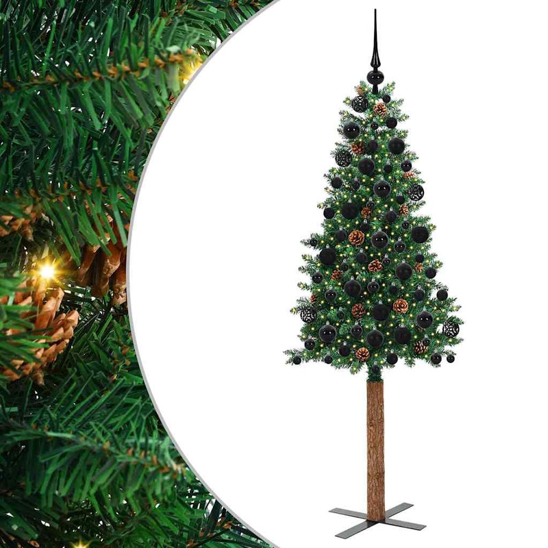 vidaXL Karcsú karácsonyfa 300 LED-del Zöld 180 cm PVC és tömör fenyőfa